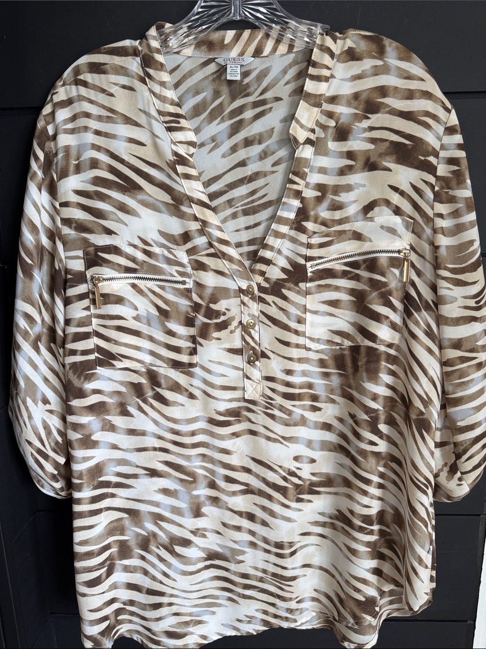 Guess Brown and Cream Zebra-Print Blouse with Gold Zippers